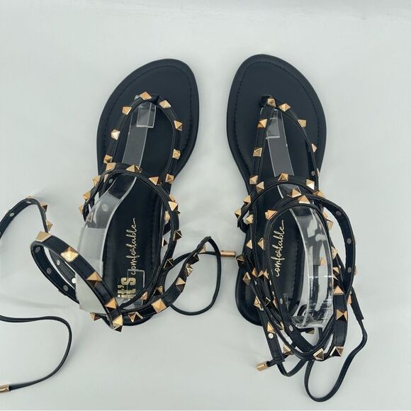 It’s Comfortable Women’s Black Gold Stud Gladiator Wraparound Thong Sandals Sz 9 - Picture 5 of 12